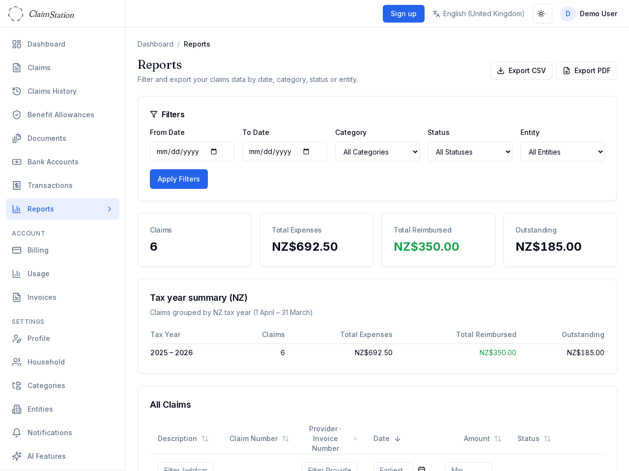 ClaimStation reports view